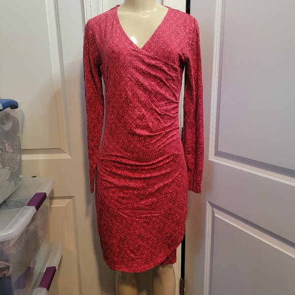 Kuhl Dress Red Print Long Sleeve Faux Wrap Ruched Display// Sample//New - Picture 5 of 11